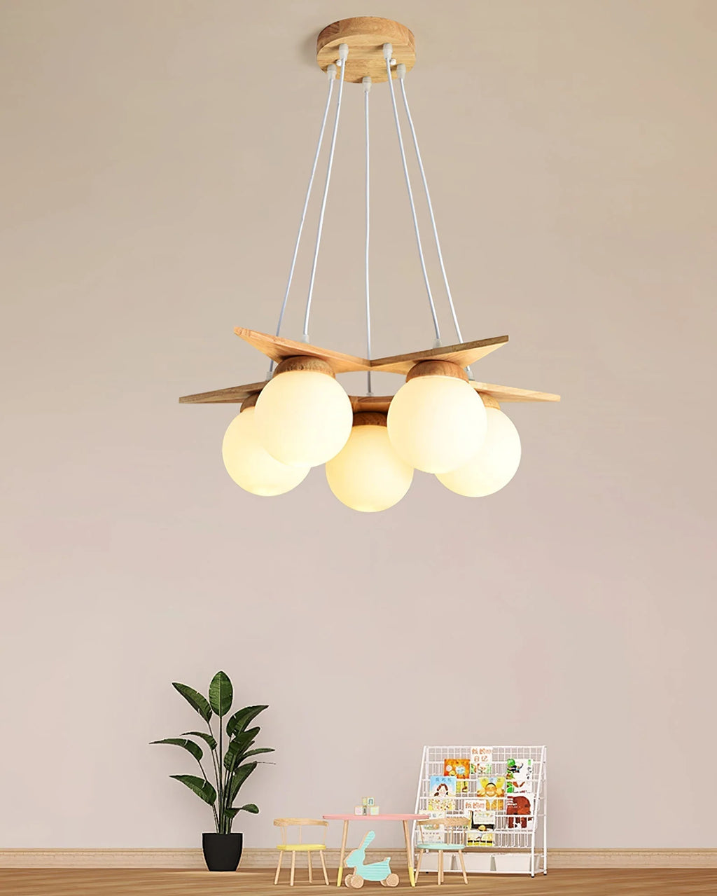 Chandelier | Wood & Glass Star Design | 120 cm Height