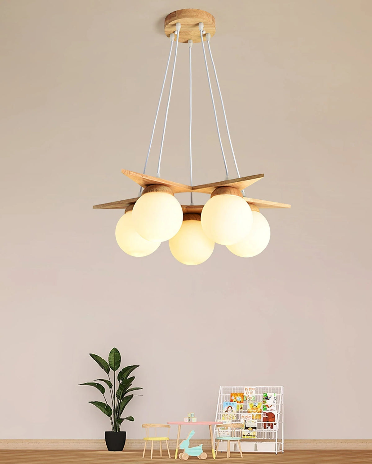 Chandelier | Wood & Glass Star Design | 120 cm Height