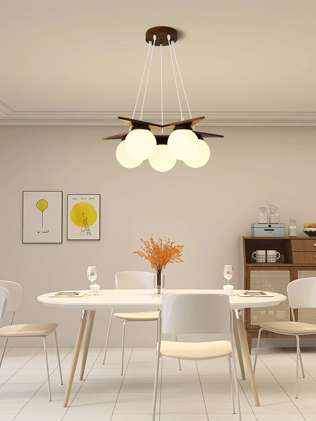 Chandelier | Wood & Glass Star Design | 120 cm Height