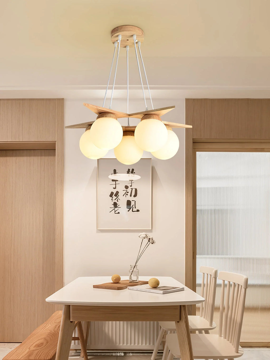 Chandelier | Wood & Glass Star Design | 120 cm Height
