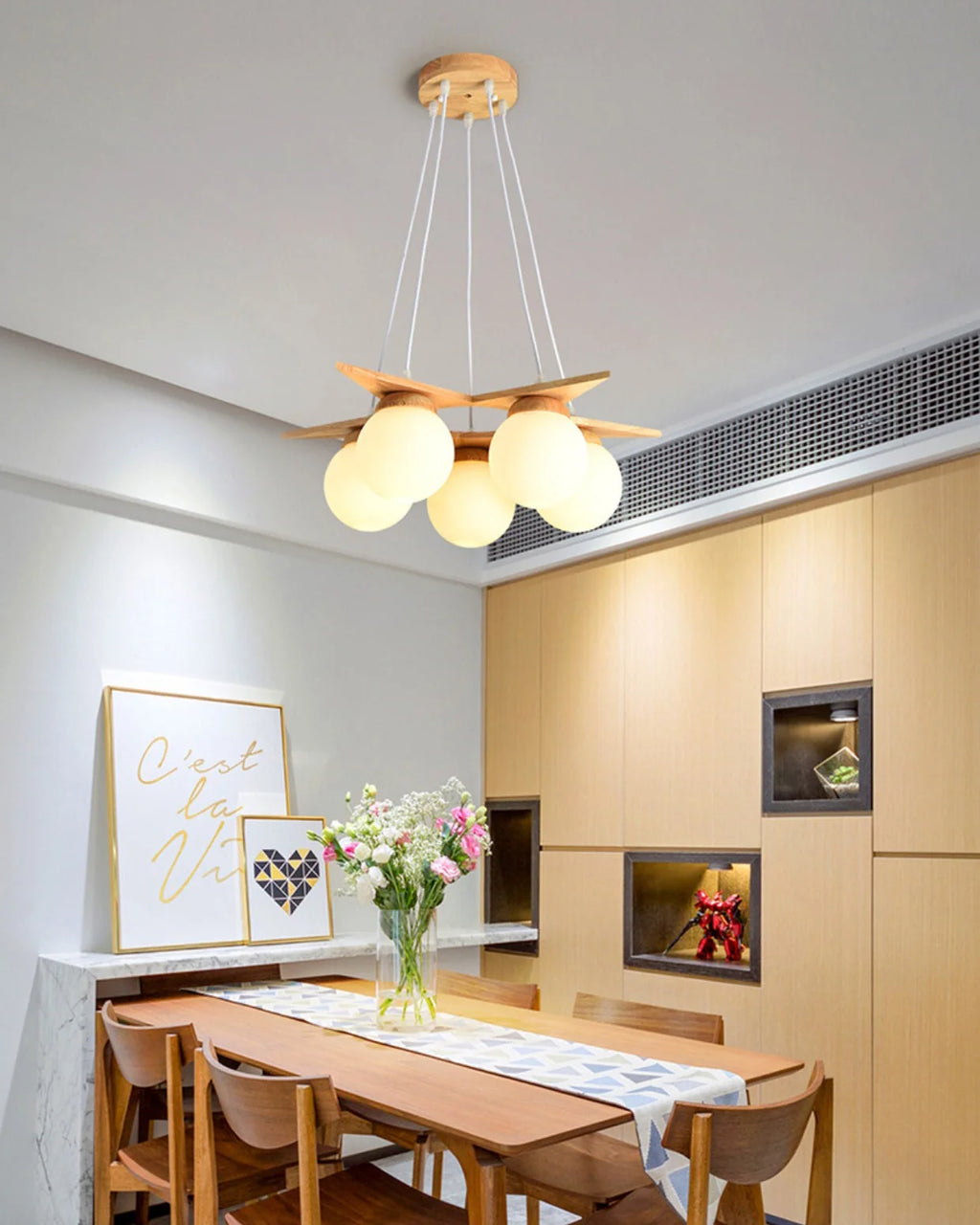 Chandelier | Wood & Glass Star Design | 120 cm Height