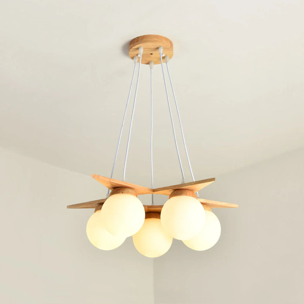 Chandelier | Wood & Glass Star Design | 120 cm Height
