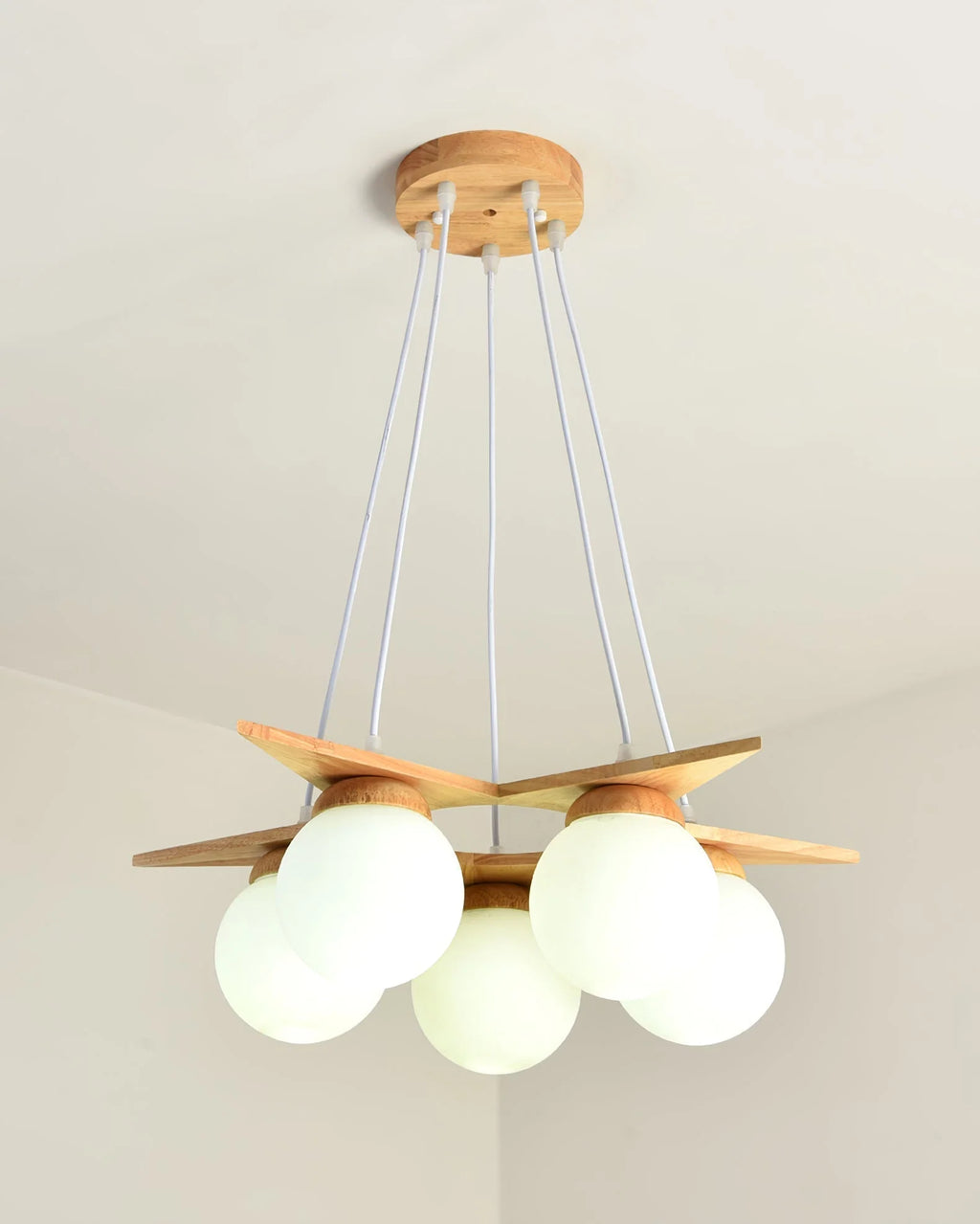 Chandelier | Wood & Glass Star Design | 120 cm Height