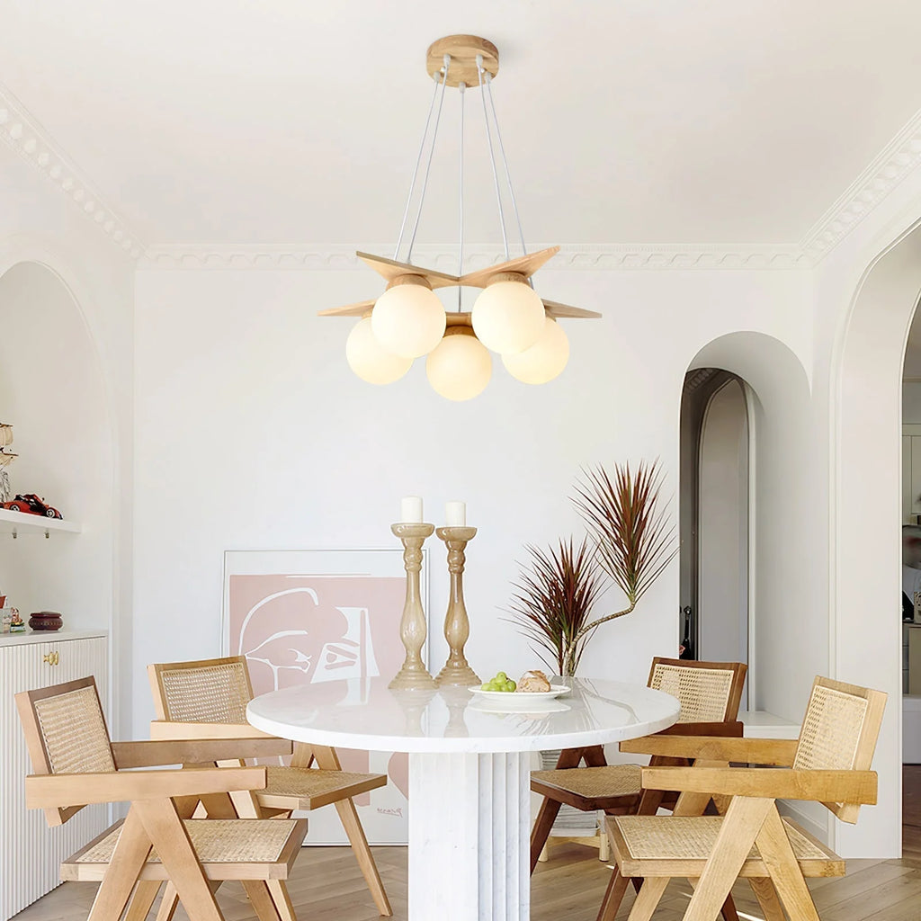 Chandelier | Wood & Glass Star Design | 120 cm Height