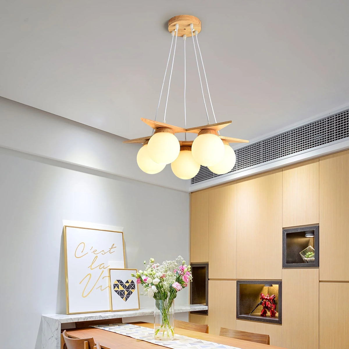 Chandelier | Wood & Glass Star Design | 120 cm Height
