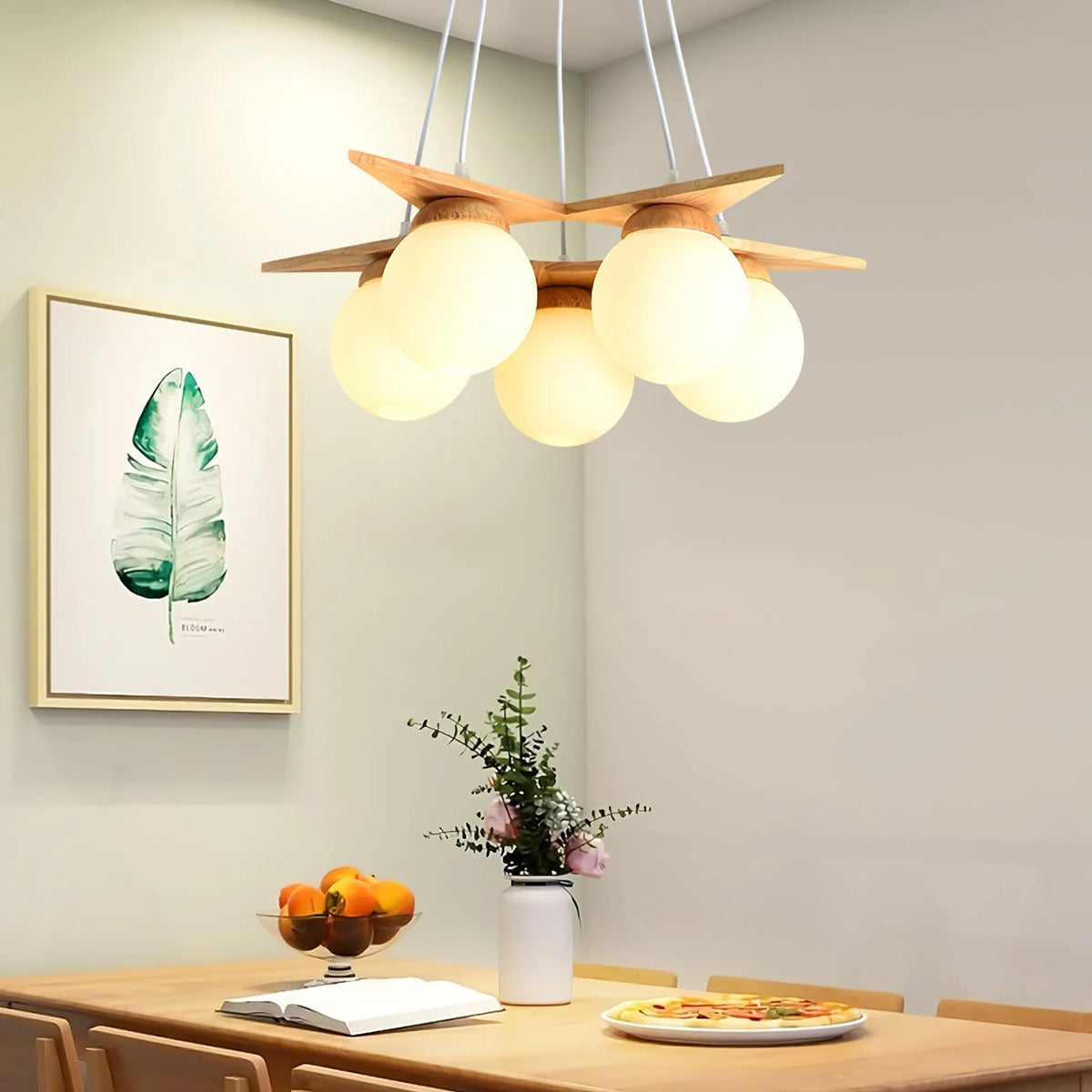Chandelier | Wood & Glass Star Design | 120 cm Height