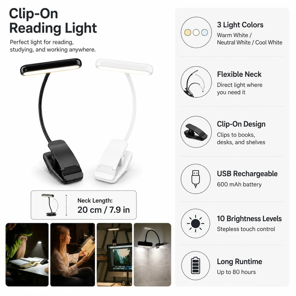 Clip-On Reading Light | USB-Rechargeable & Flexible Gooseneck | Up To 80-Hour Battery