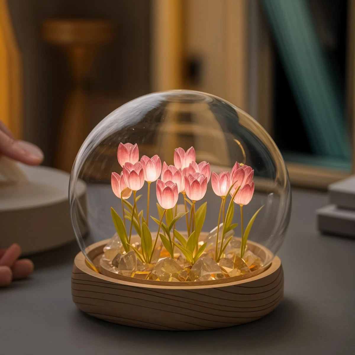 Cloche Lamp | Glass Dome & Handmade Tulips | Battery-Powered