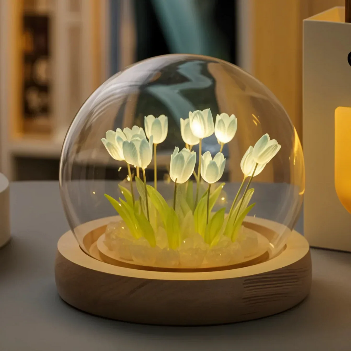 Cloche Lamp | Glass Dome & Handmade Tulips | Battery-Powered