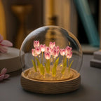 Cloche Lamp | Glass Dome & Handmade Tulips | Battery-Powered