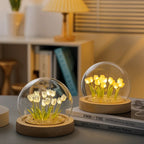 Cloche Lamp | Glass Dome & Handmade Tulips | Battery-Powered