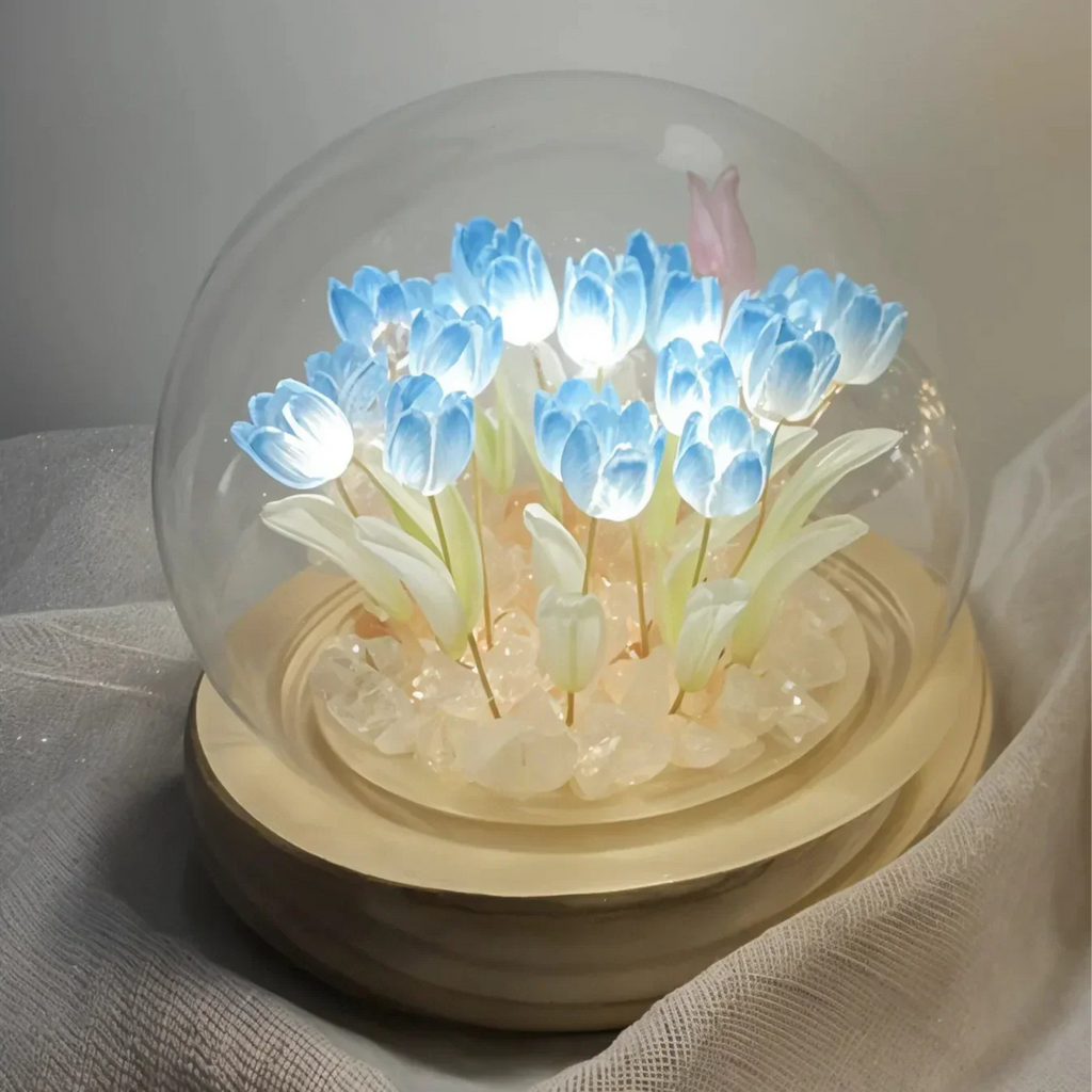 Cloche Lamp | Glass Dome & Handmade Tulips | Battery-Powered