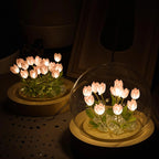 Cloche Lamp | Glass Dome & Handmade Tulips | Battery-Powered
