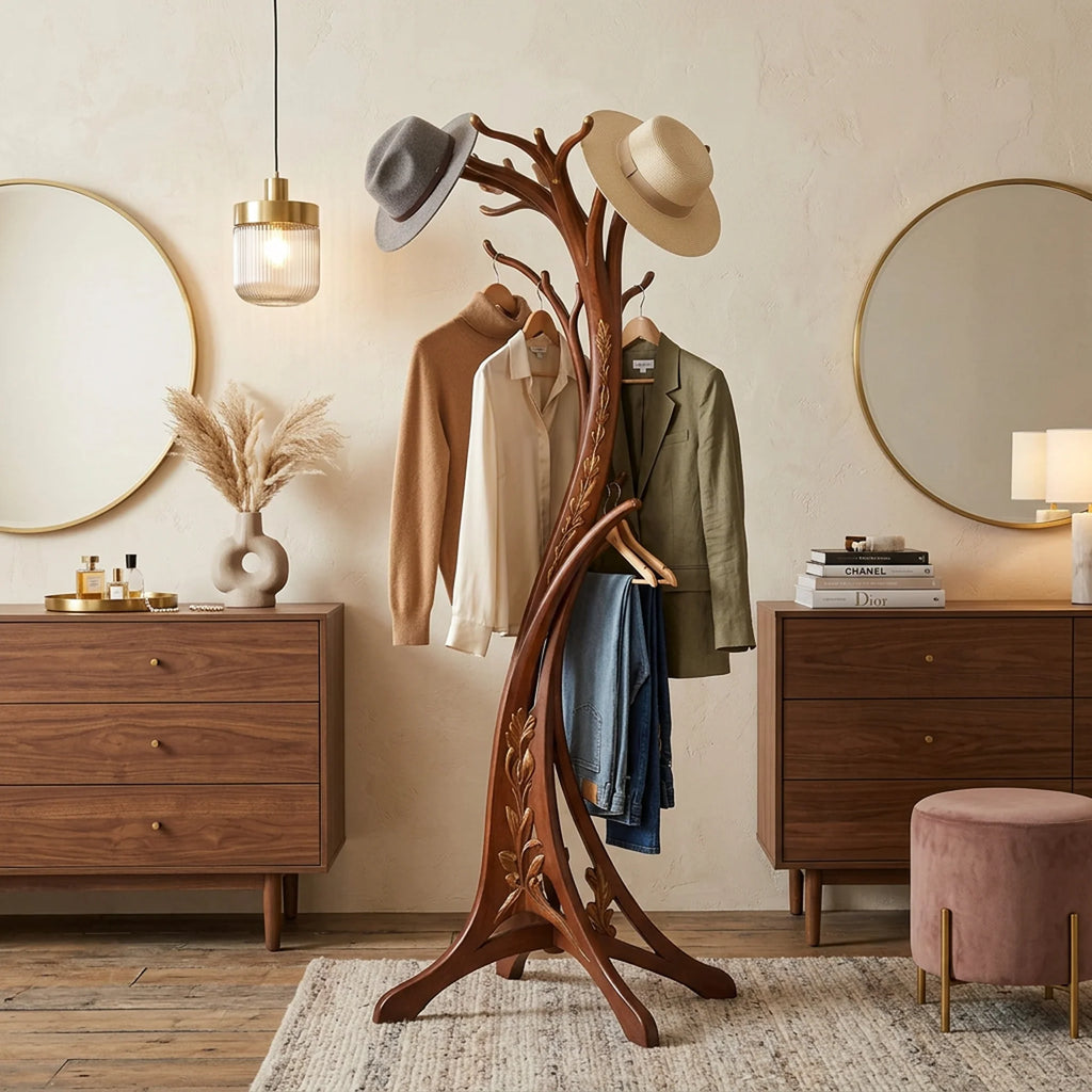 Coat Stand | Hand-Carved Floral Art Nouveau Solid Wood