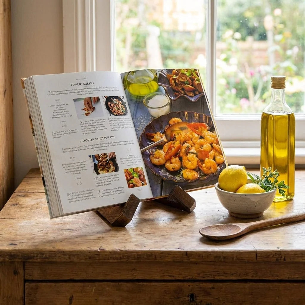 Cookbook Stand | Crossed Pivoting Arms & Folds Flat | Deep Brown Finish