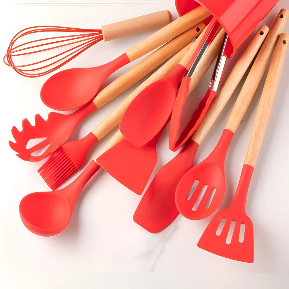 Cooking Utensil Set | BPA-Free Heat-Resistant Silicone & Bamboo Handles | Set of 12
