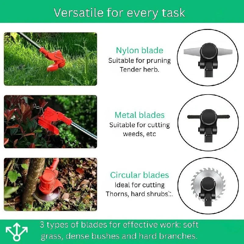 Cordless Brush Cutter | Adjustable Telescopic Handle & 90° Rotating Head | Includes 3 Interchangeable Blades