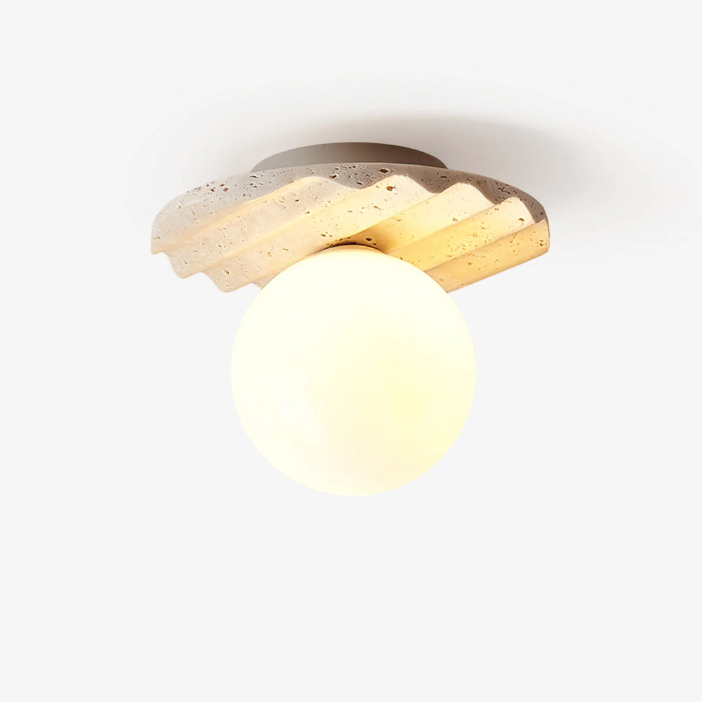 Deckenleuchte | Handgeschnitzter Travertin & Opalglas-Kugel | 20 cm Durchmesser