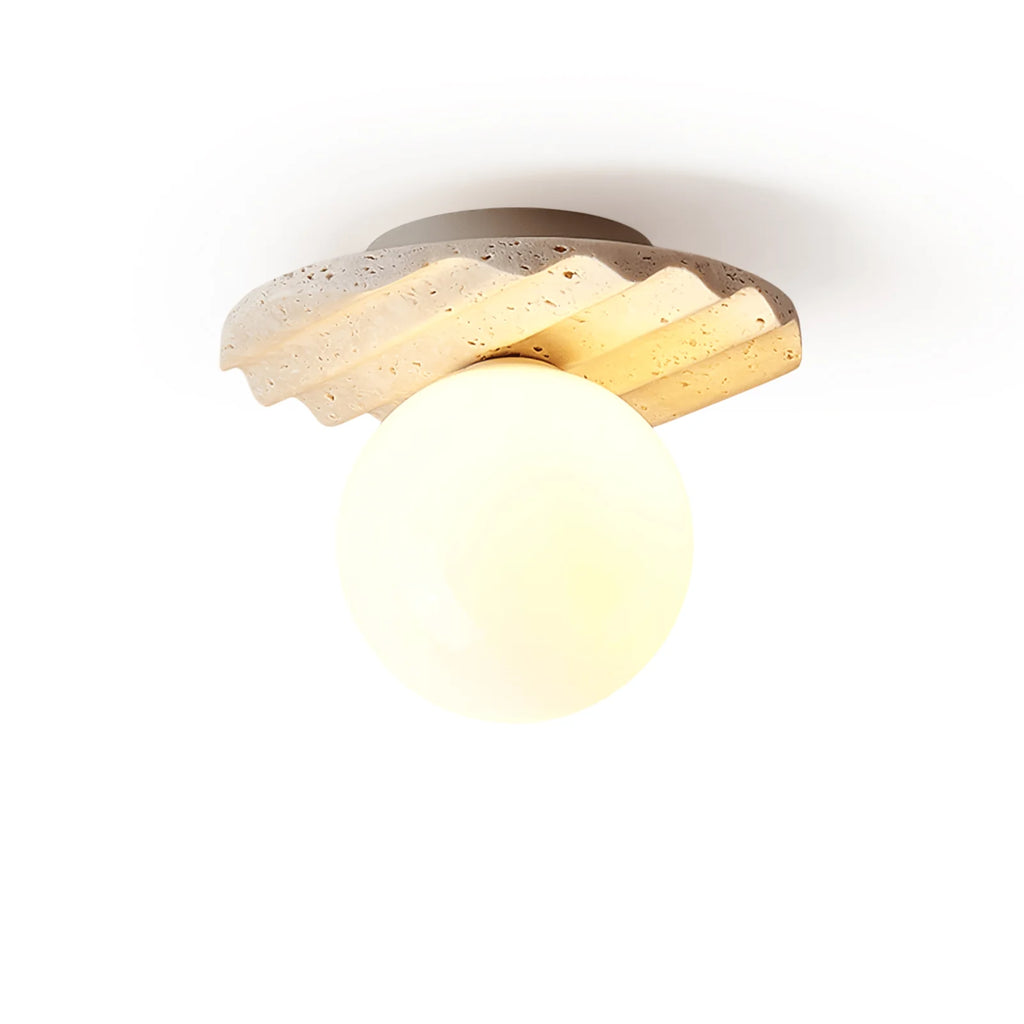 Deckenleuchte | Handgeschnitzter Travertin & Opalglas-Kugel | 20 cm Durchmesser