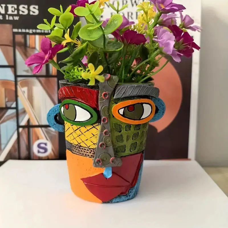Decorative Planter | Hand-Painted Resin Abstract Face