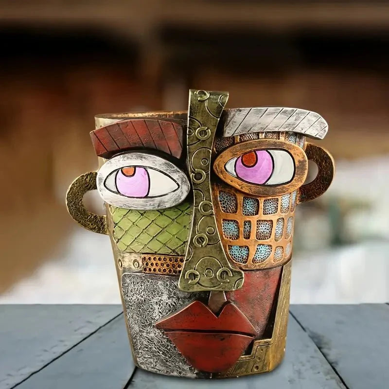 Decorative Planter | Hand-Painted Resin Abstract Face