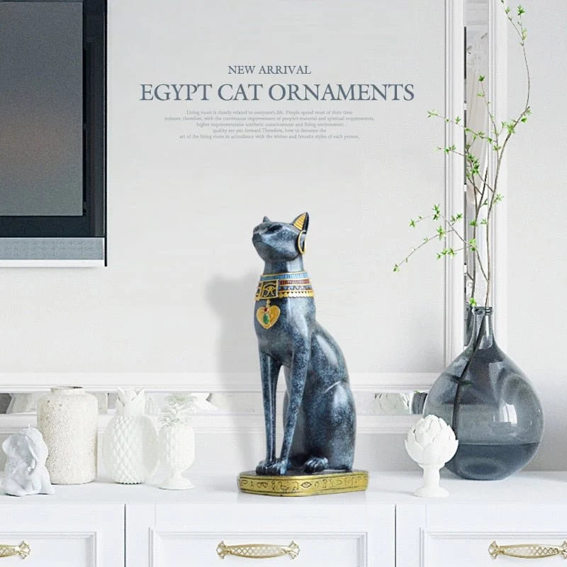 Egyptian Cat Sculpture | Hand-Painted Resin Blue & Gold | 36.5 cm Height