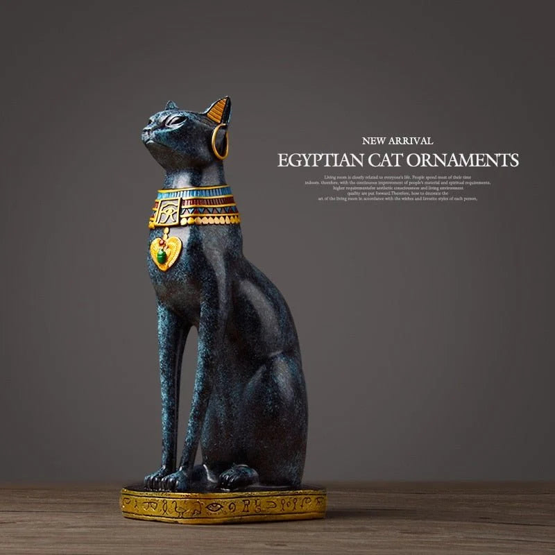 Egyptian Cat Sculpture | Hand-Painted Resin Blue & Gold | 36.5 cm Height