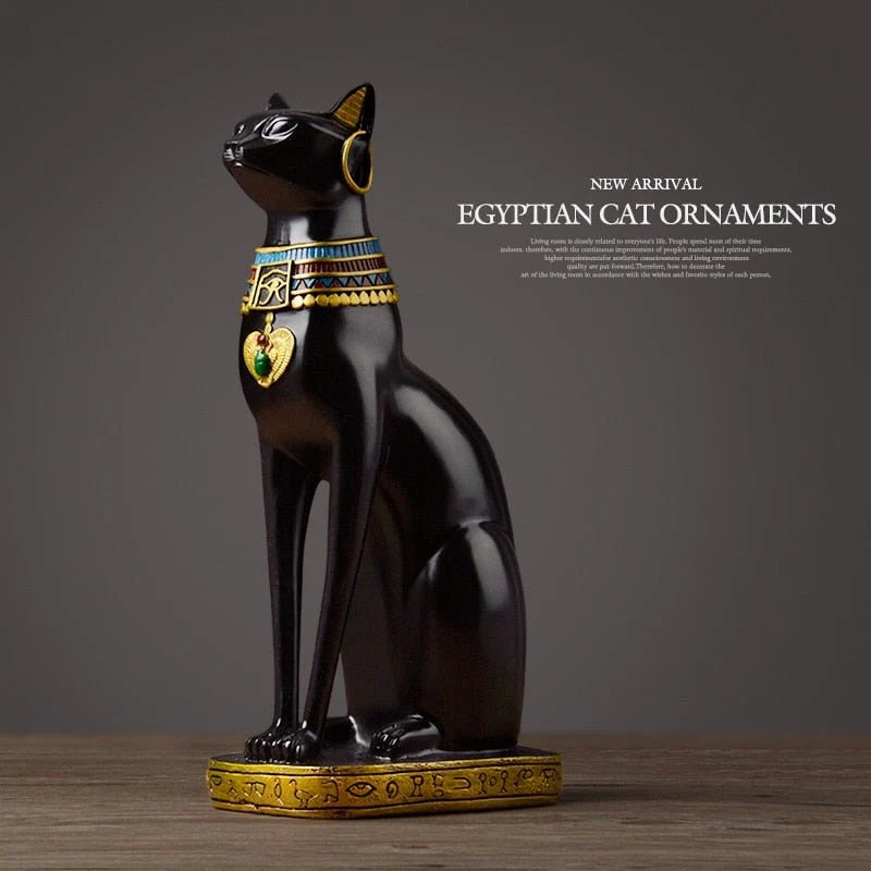 Egyptian Cat Sculpture | Hand-Painted Resin Blue & Gold | 36.5 cm Height