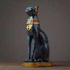 Egyptian Cat Sculpture | Hand-Painted Resin Blue & Gold | 36.5 cm Height
