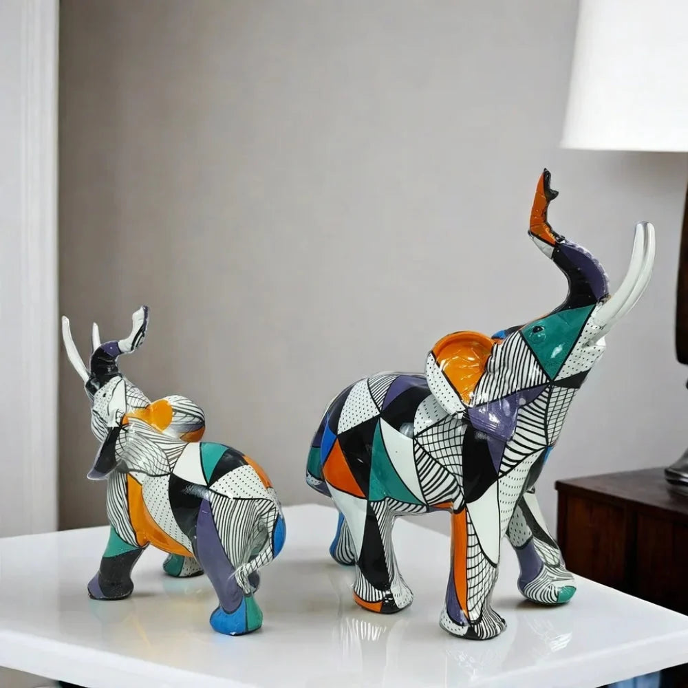Elephant Figurine | Colorful Hand-Painted Geometric Design & Resin