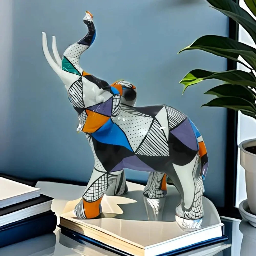 Elephant Figurine | Colorful Hand-Painted Geometric Design & Resin