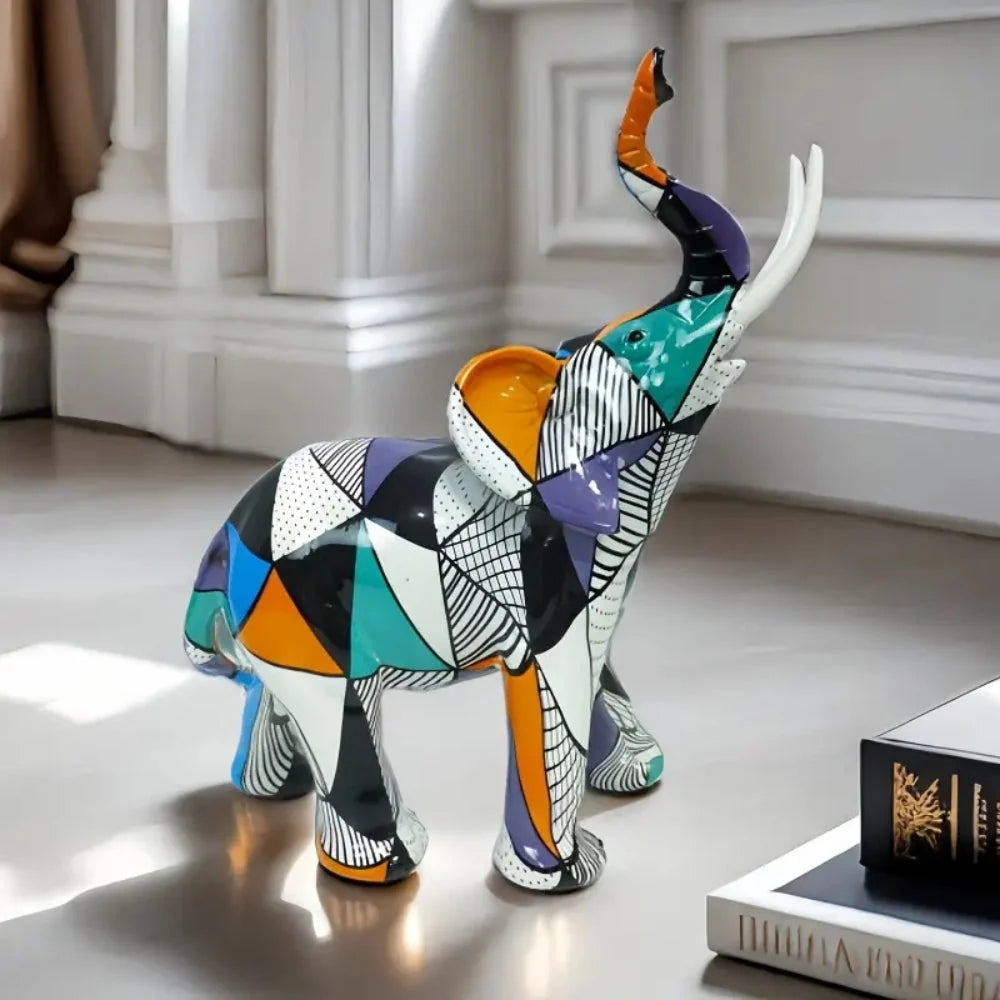 Elephant Figurine | Colorful Hand-Painted Geometric Design & Resin