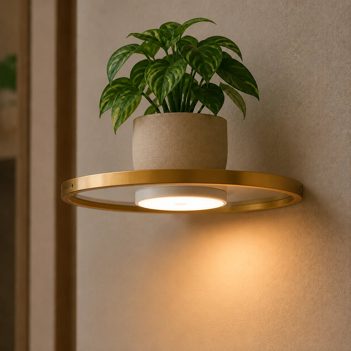 Floating Wall Shelf | Built-In LED & Battery-Powered | Gold Finish