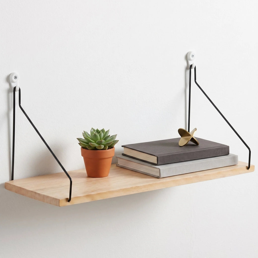 Floating Wall Shelf | Natural Wood & Angled Bracket | Space-Saving