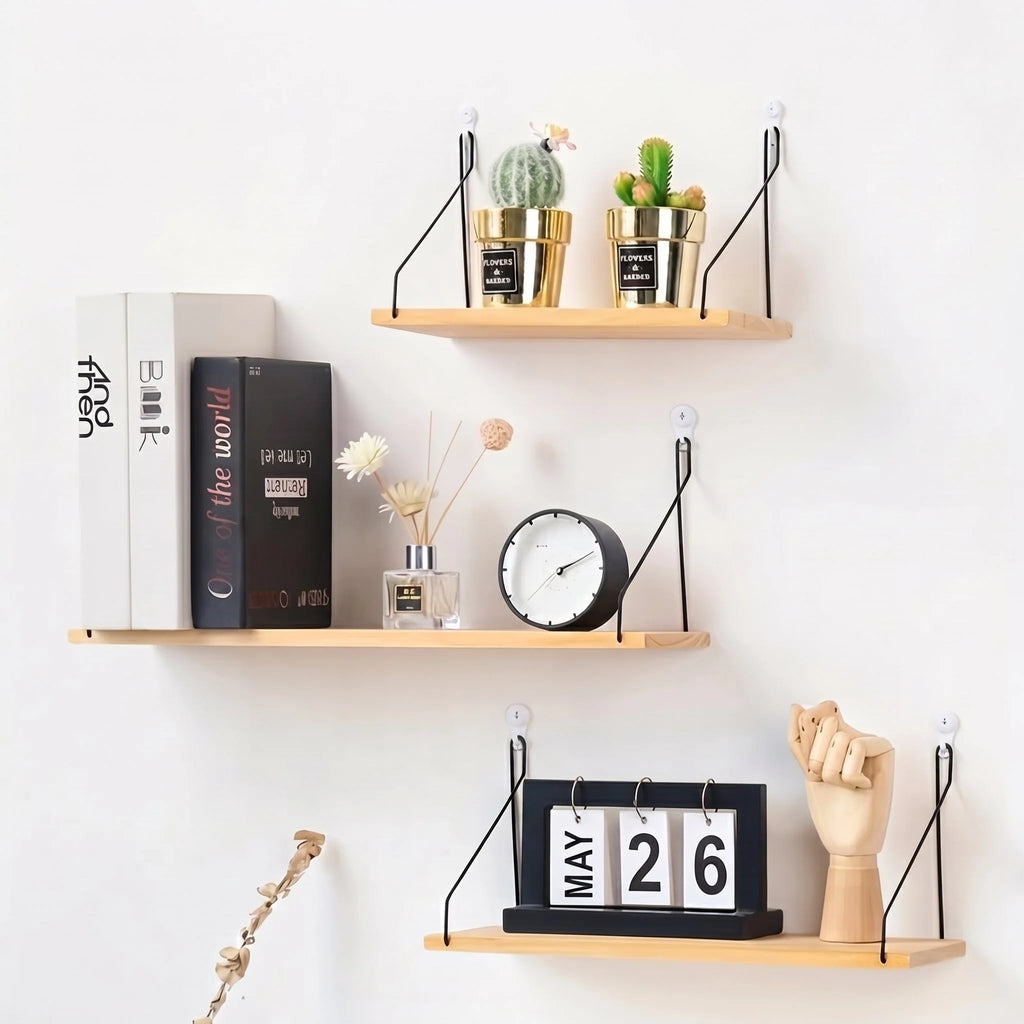 Floating Wall Shelf | Natural Wood & Angled Bracket | Space-Saving