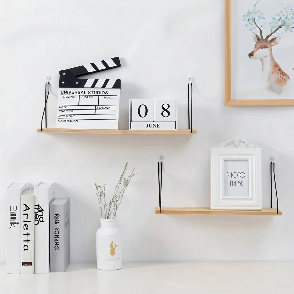 Floating Wall Shelf | Natural Wood & Angled Bracket | Space-Saving