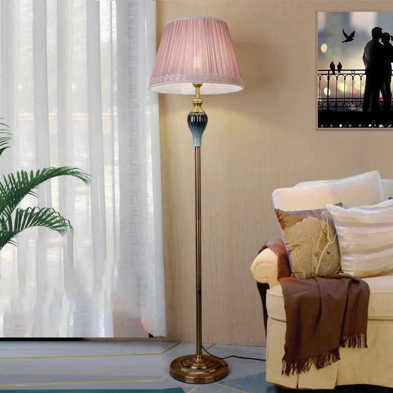Floor Lamp | Dome Fabric Shade & Wood-Look Base