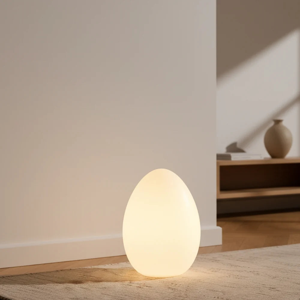Floor Lamp | Egg-Shaped Sculptural LED & Molded Shell | Weighted Base