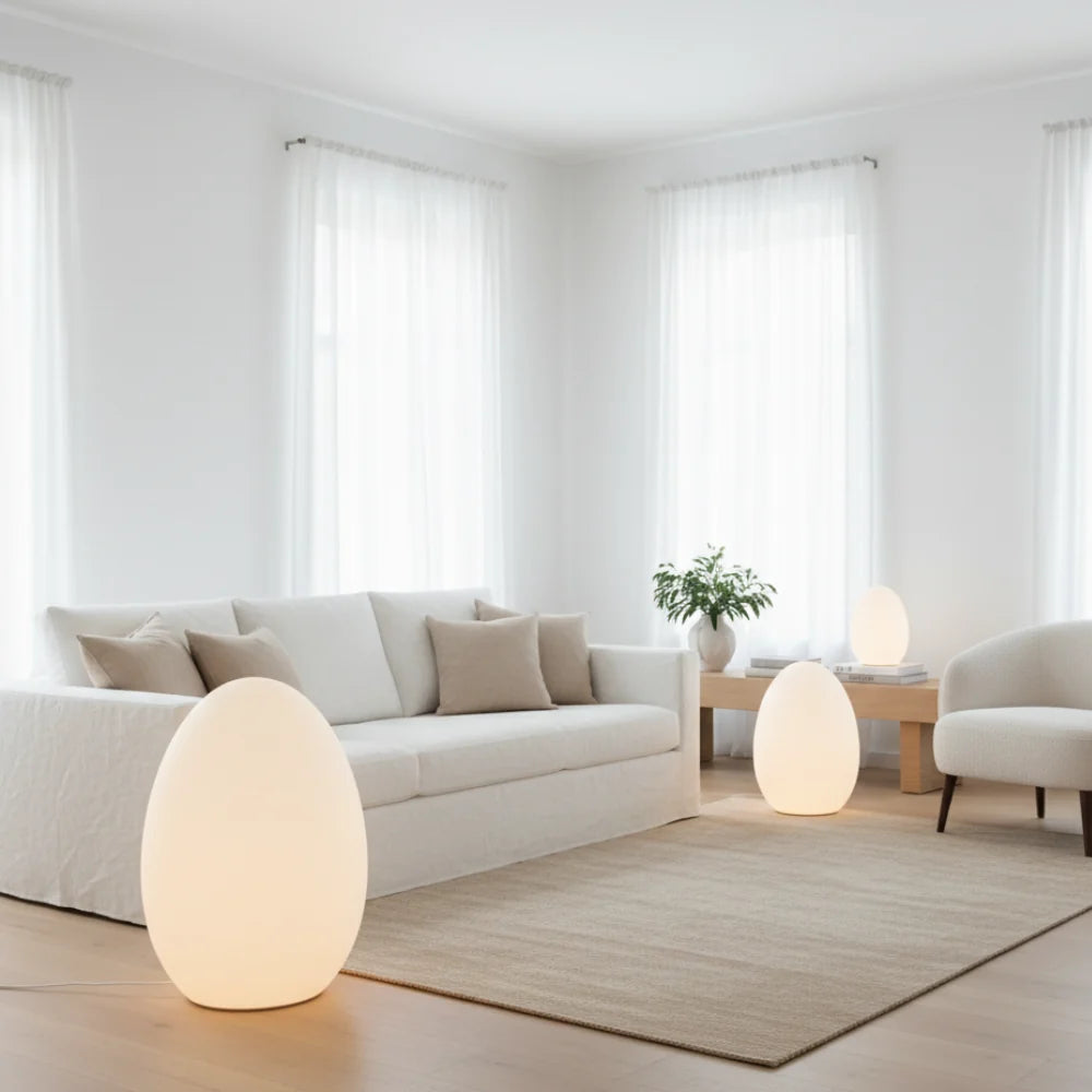 Floor Lamp | Egg-Shaped Sculptural LED & Molded Shell | Weighted Base