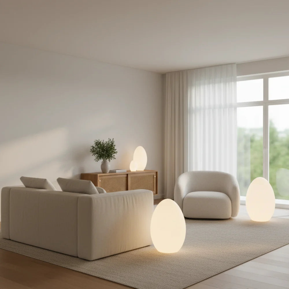 Floor Lamp | Egg-Shaped Sculptural LED & Molded Shell | Weighted Base