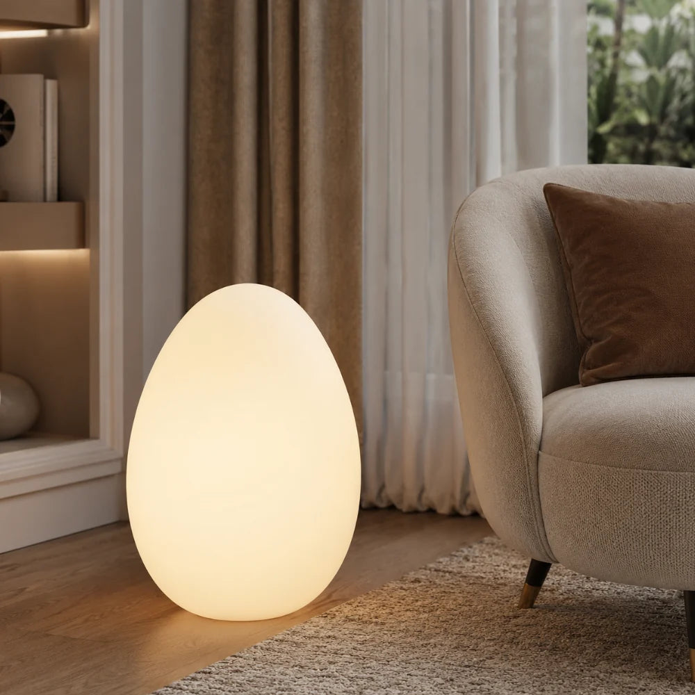 Floor Lamp | Egg-Shaped Sculptural LED & Molded Shell | Weighted Base