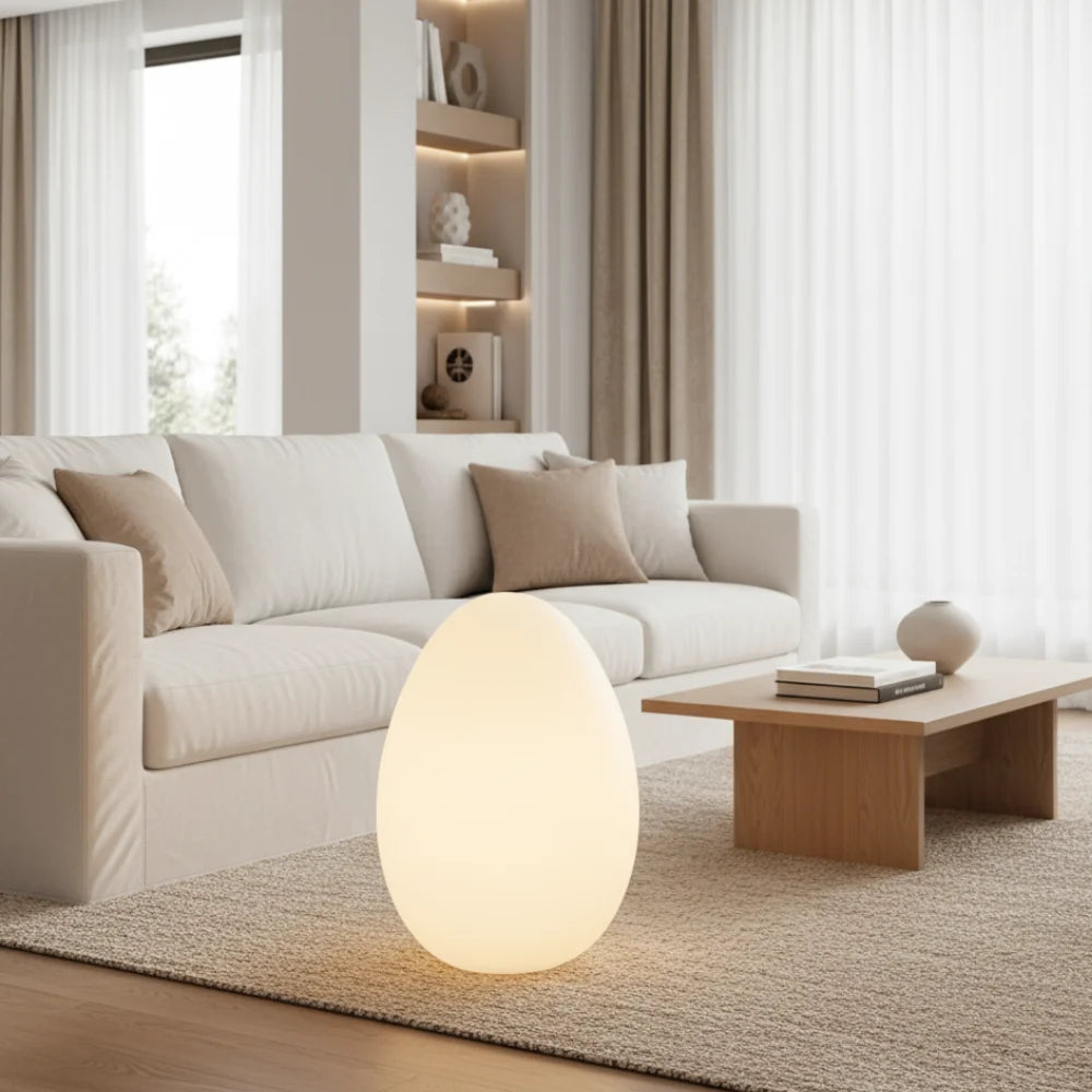 Floor Lamp | Egg-Shaped Sculptural LED & Molded Shell | Weighted Base