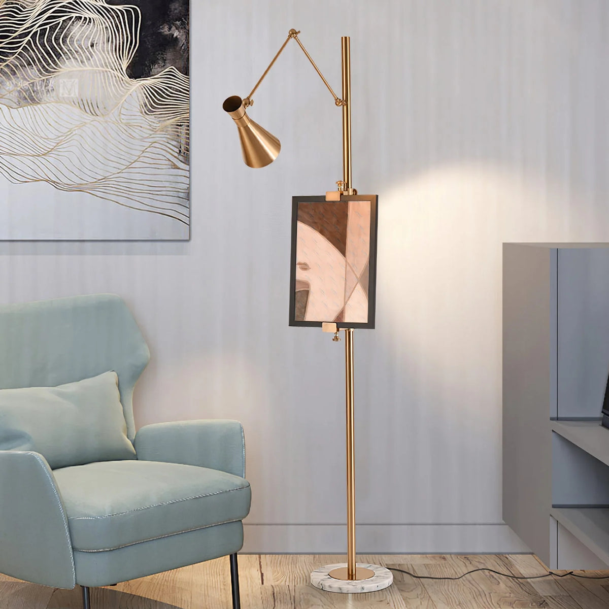 Floor Lamp | Gold Frame & Marble Base | Artwork Accent Lighting
