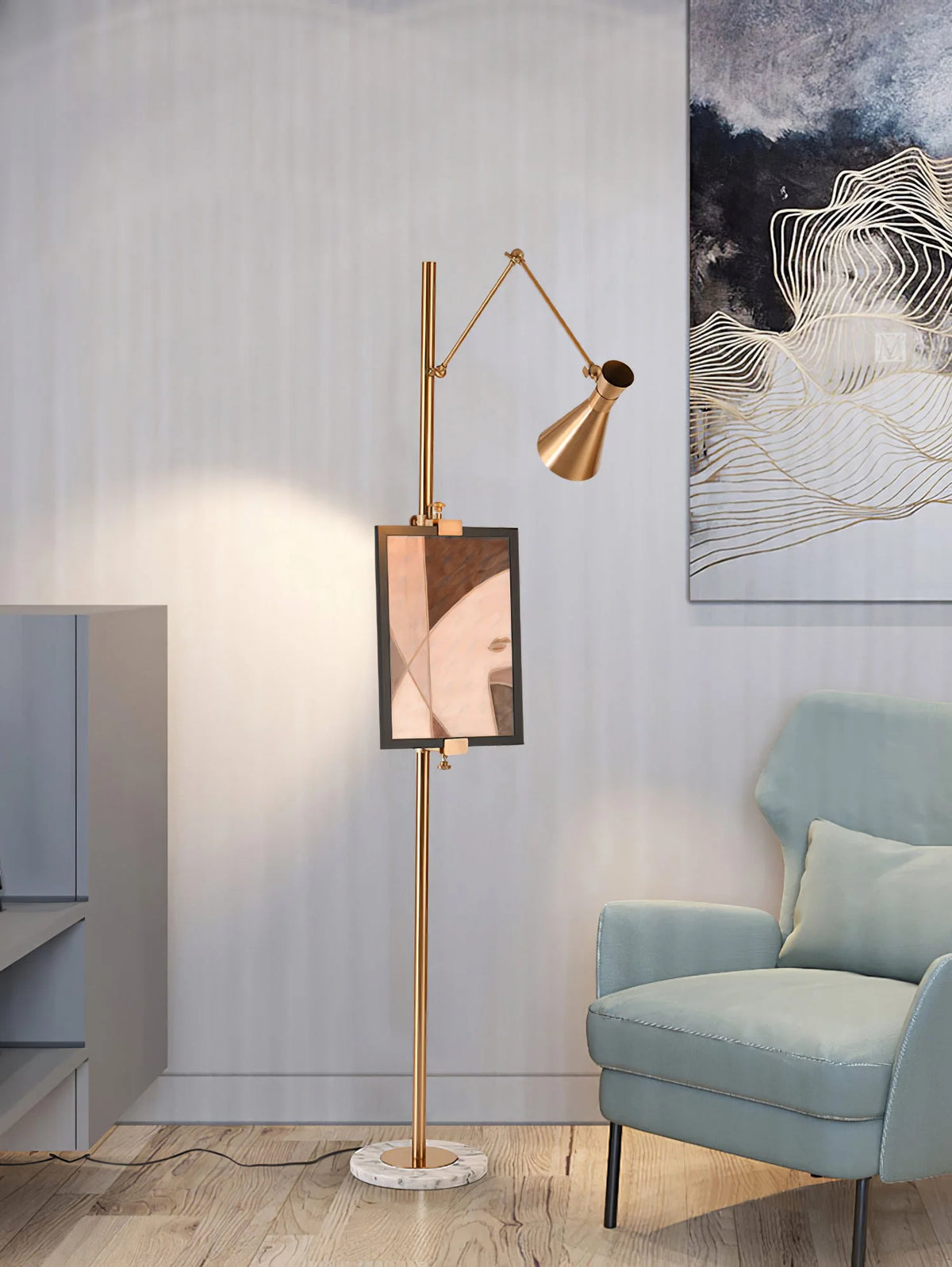 Floor Lamp | Gold Frame & Marble Base | Artwork Accent Lighting