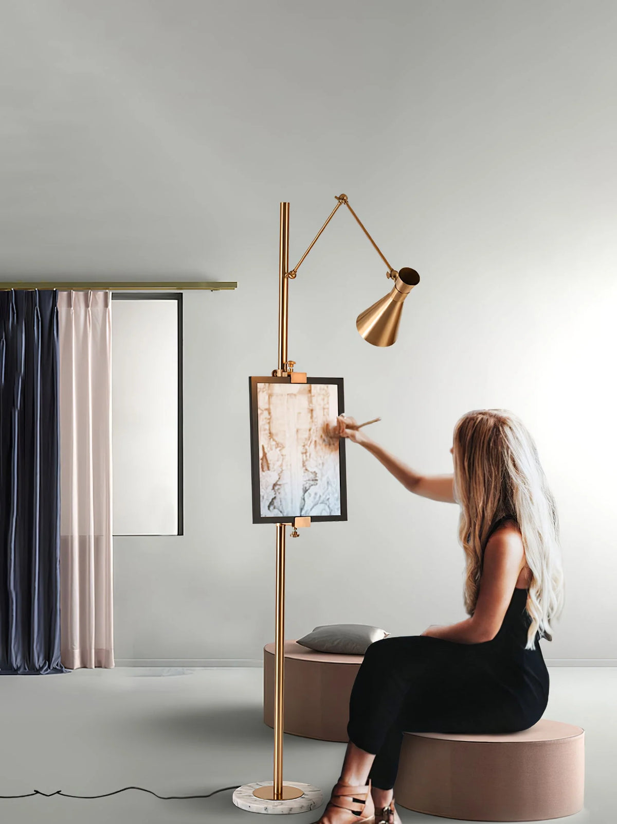 Floor Lamp | Gold Frame & Marble Base | Artwork Accent Lighting