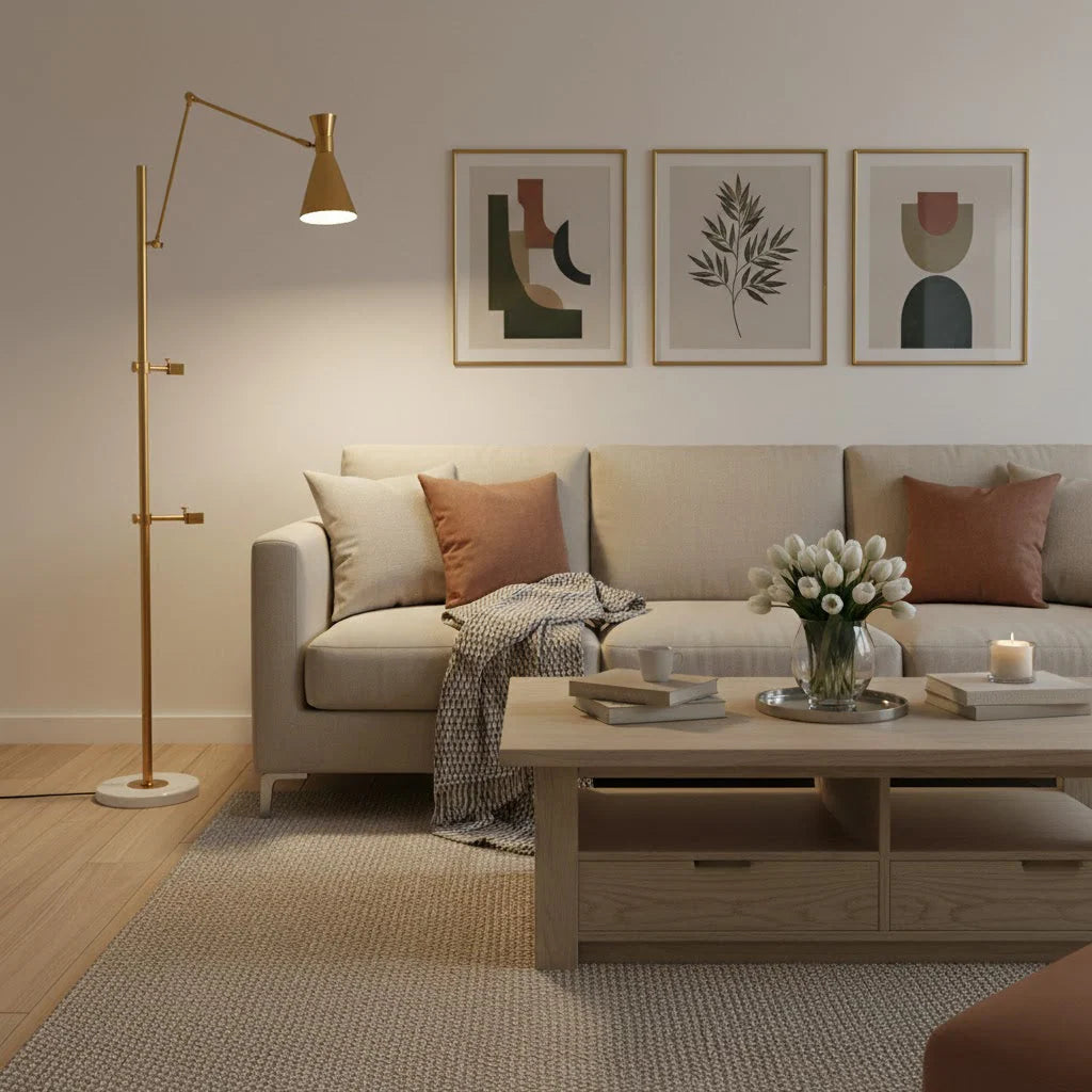 Floor Lamp | Gold Frame & Marble Base | Artwork Accent Lighting