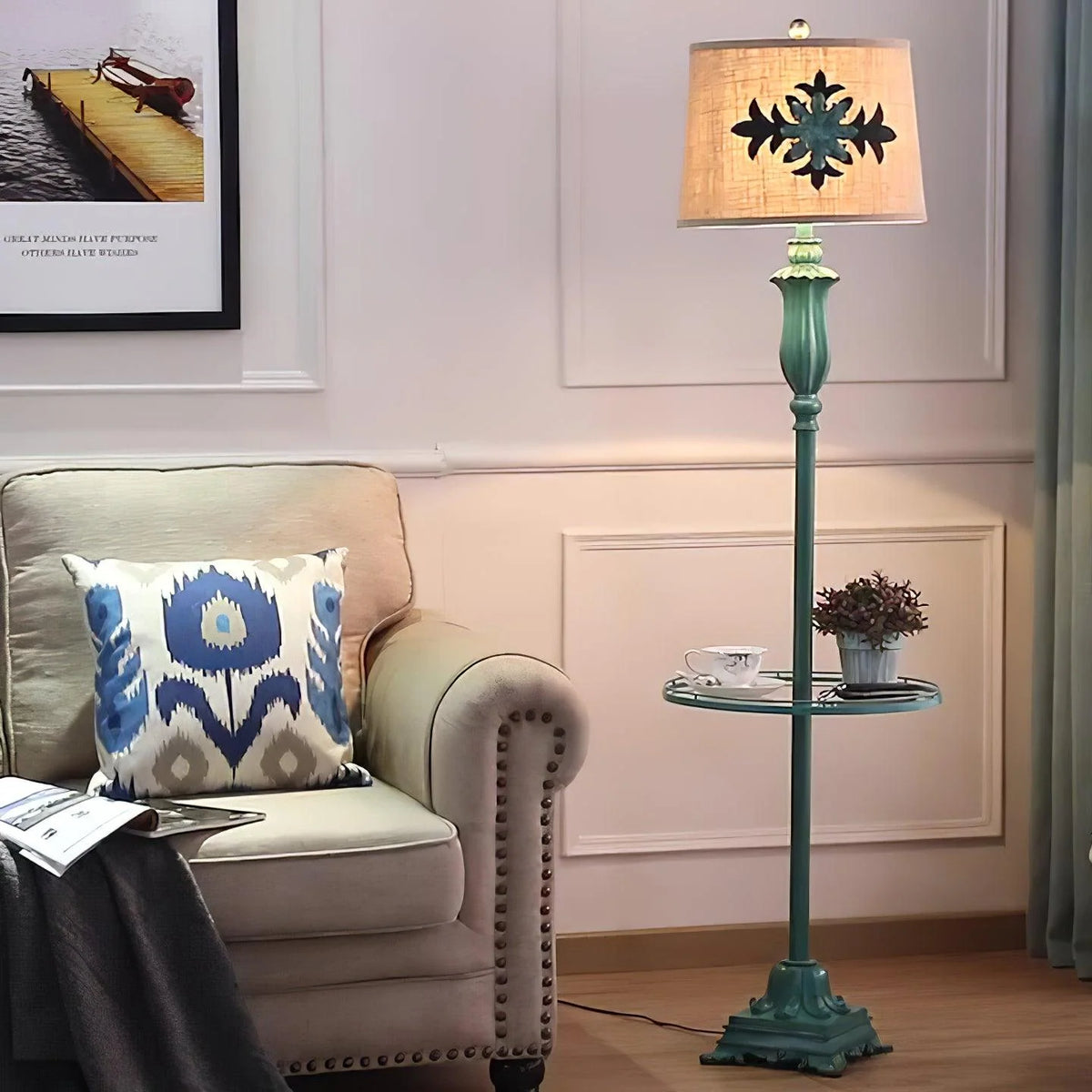 Floor Lamp | Metal Frame, Side Table & Cotton-Linen Shade