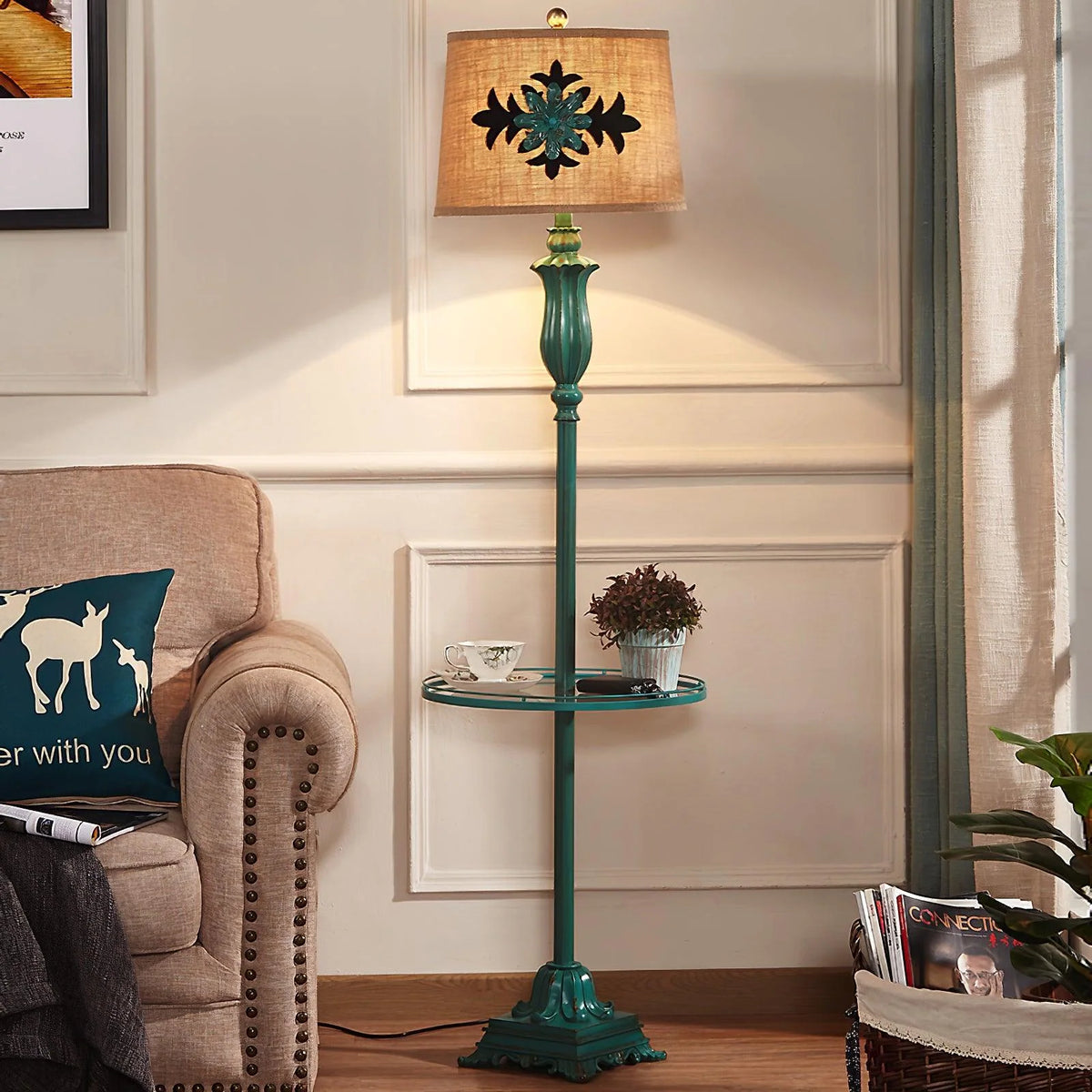 Floor Lamp | Metal Frame, Side Table & Cotton-Linen Shade
