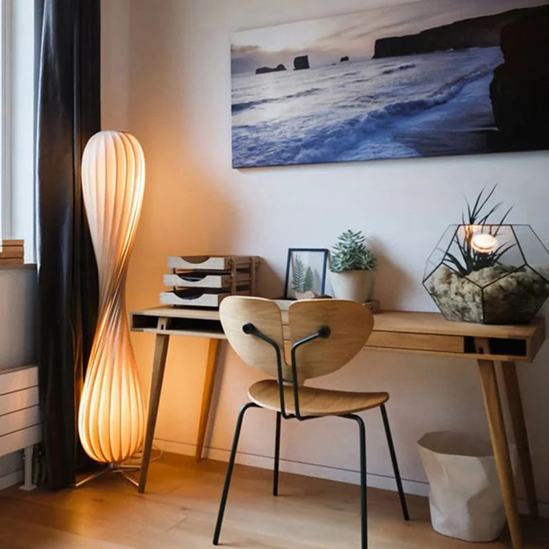Floor Lamp | Twisted Wood Shade & Cozy Ambient Lighting