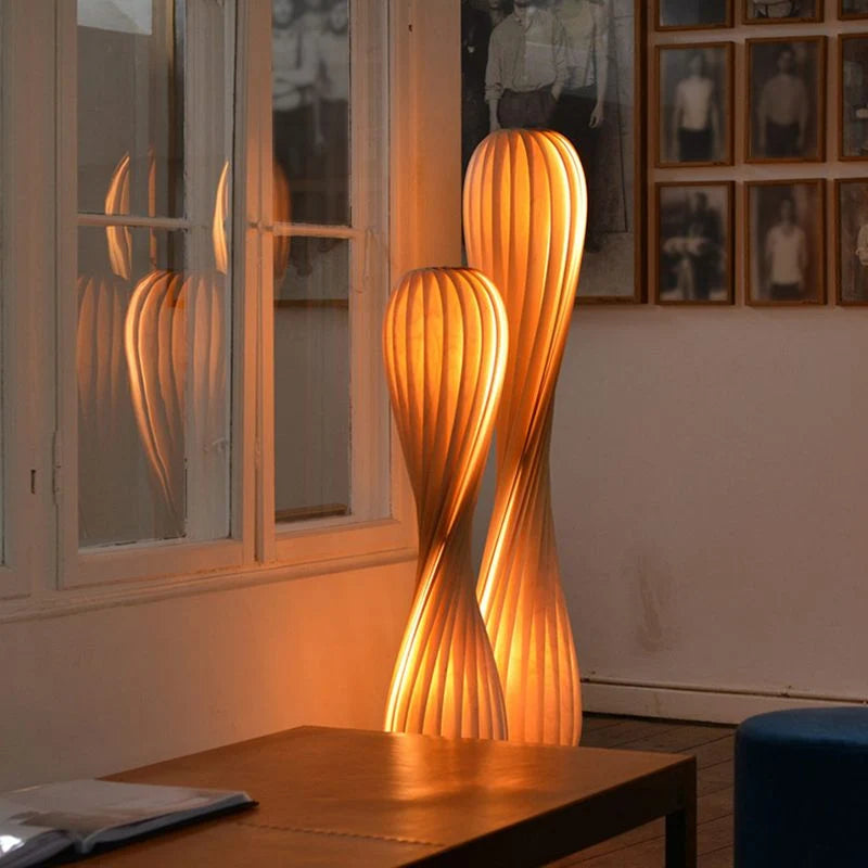 Floor Lamp | Twisted Wood Shade & Cozy Ambient Lighting
